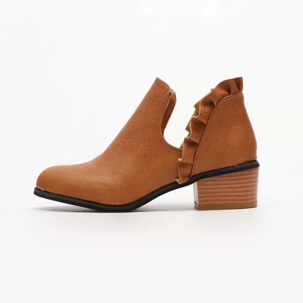 Brown leather ruffle cutout chunky heel booties - Picture 3 of 3